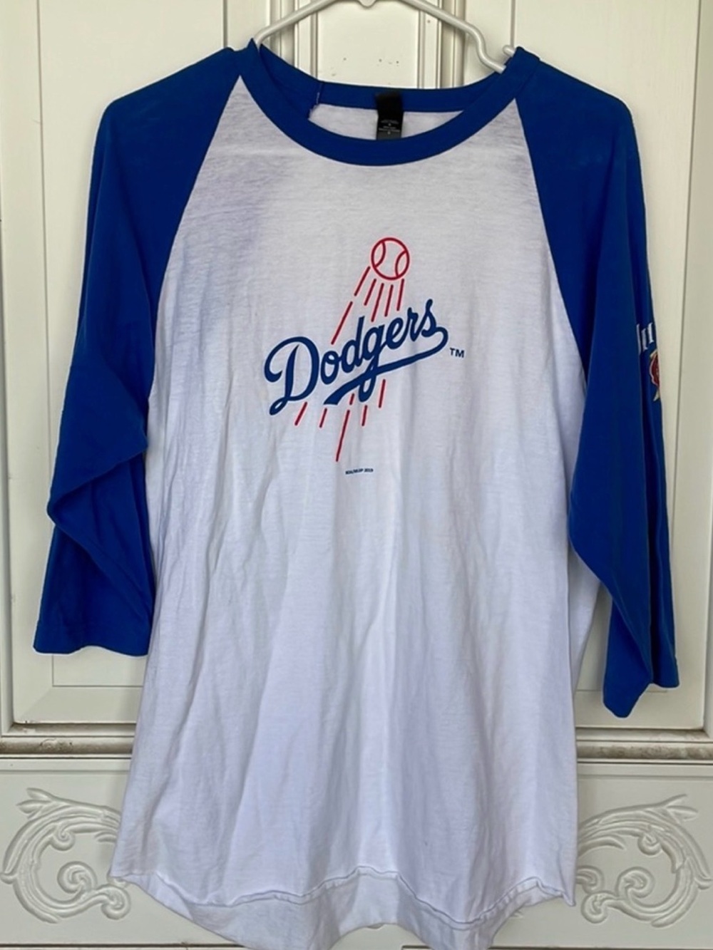 Tultex Dodgers + Jim Bean Raglan Tee in White & Royal Blue (Baseball Graphic)